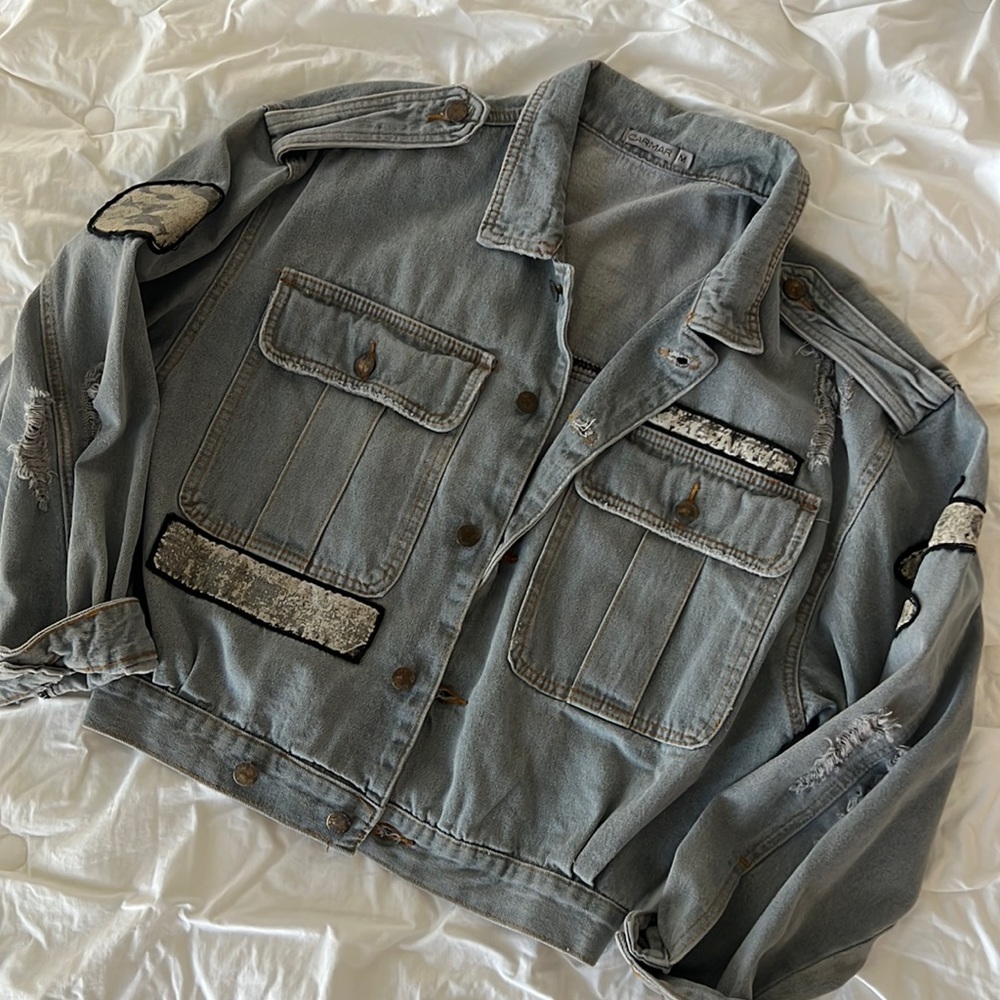 Carmar Grey Distressed Patch Denim Bomber Jacket sz. M